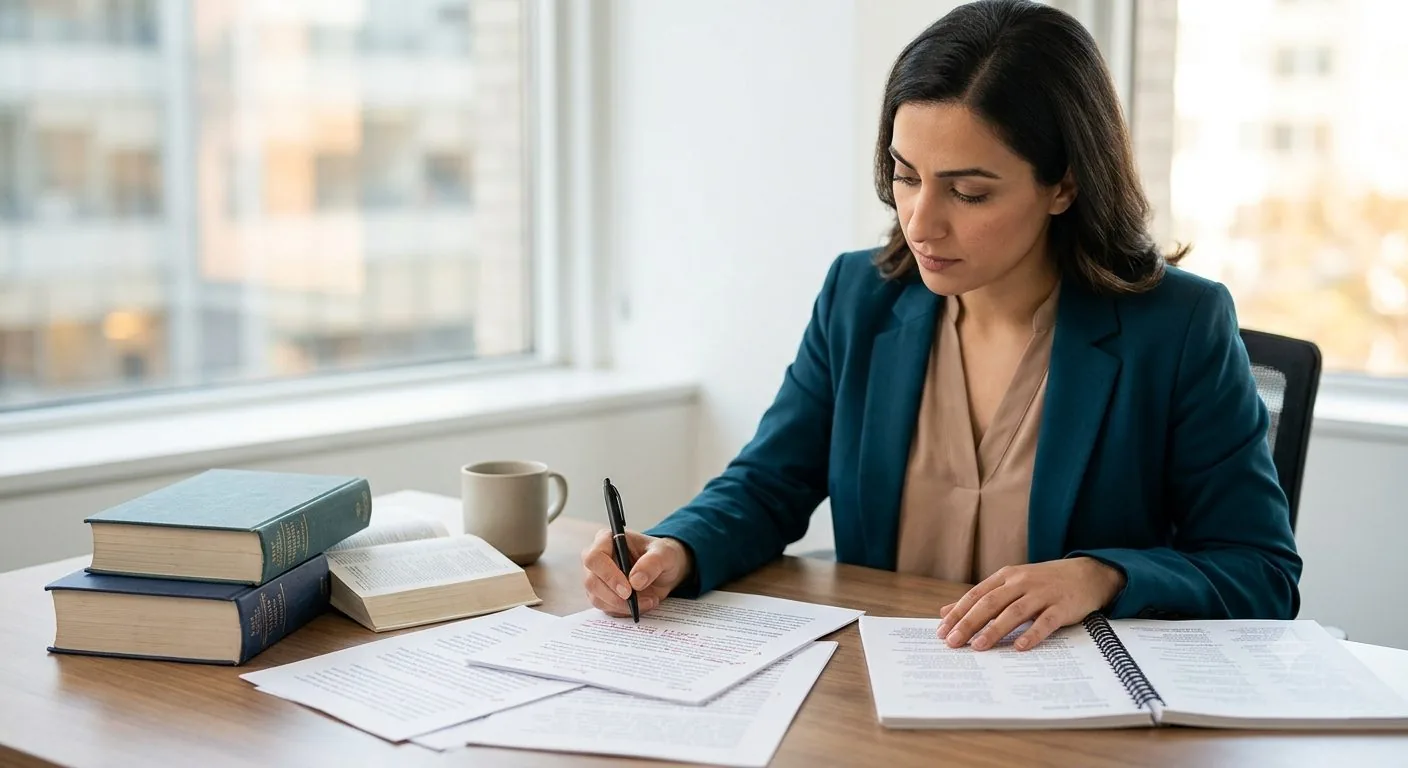 A professional linguist reviewing a printed certified translation